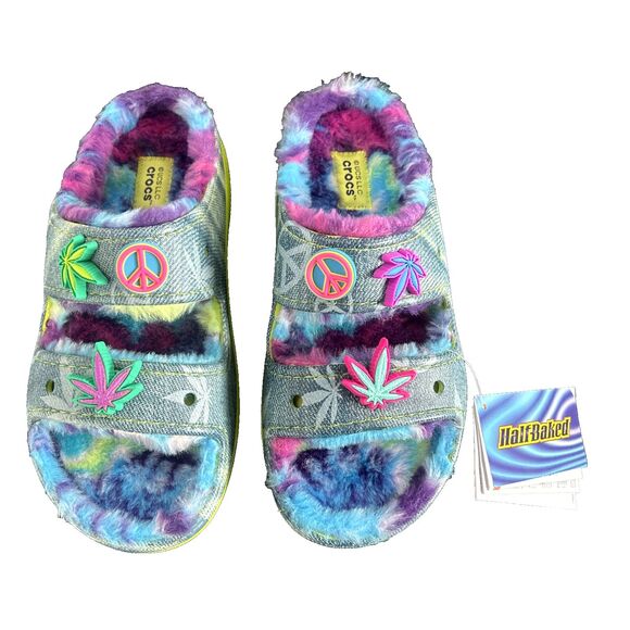 Crocs Half Baked Cozzzy Sandals Faux Fur Lined Multicolor Unisex Women Sz 7 NEW - Picture 1 of 9